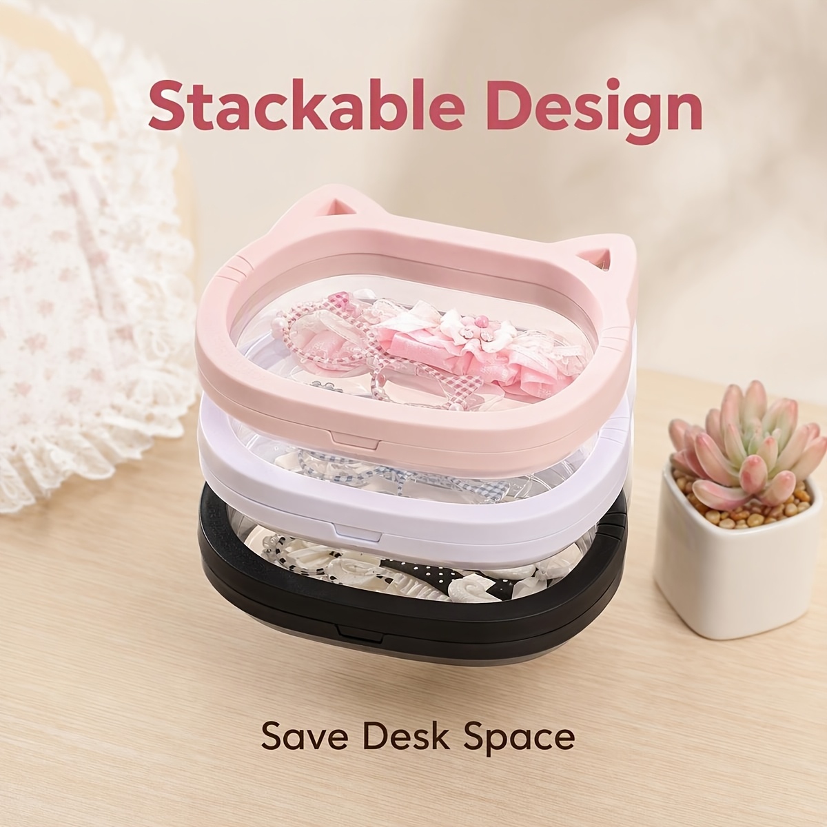 3pcs Cute Cat Ear Transparent Jewellery Storage Boxes